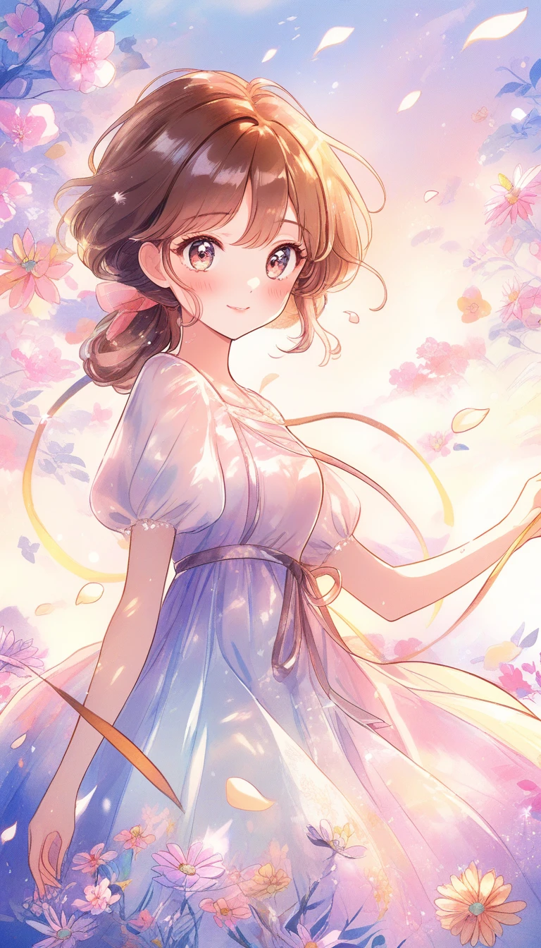 Dreamy watercolor girl with flowers and tulle dress