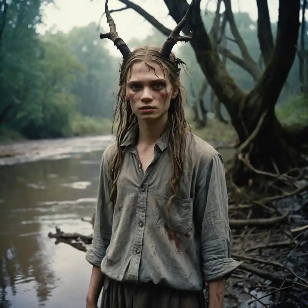 Barefoot girl by a forest river under eerie moonlight