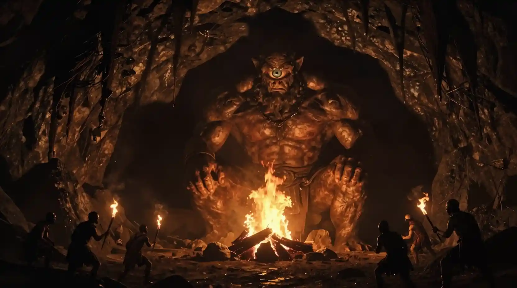 Ominous cyclops giant by bonfire in a shadowy cave
