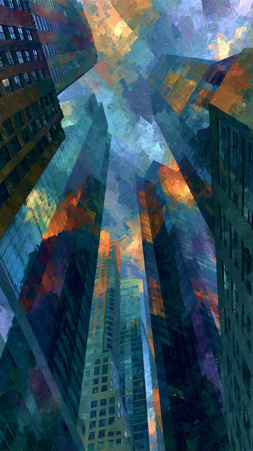 Confident man standing in a towering cityscape