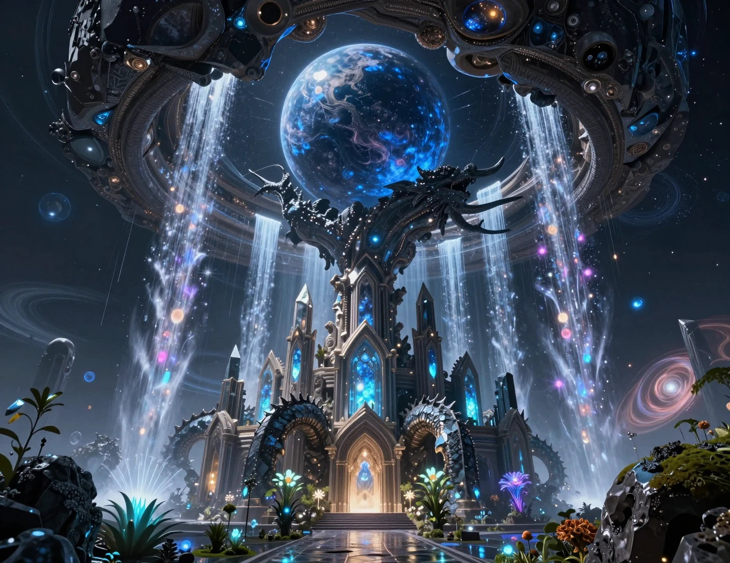 Impossible crystal cathedral floating in deep outer space