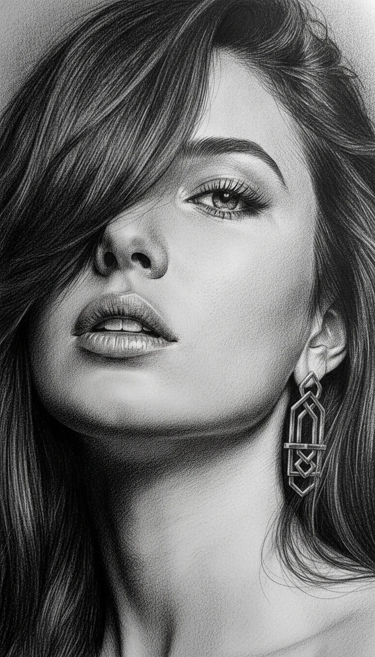 Portrait en graphite d’une fille mystérieuse en gros plan