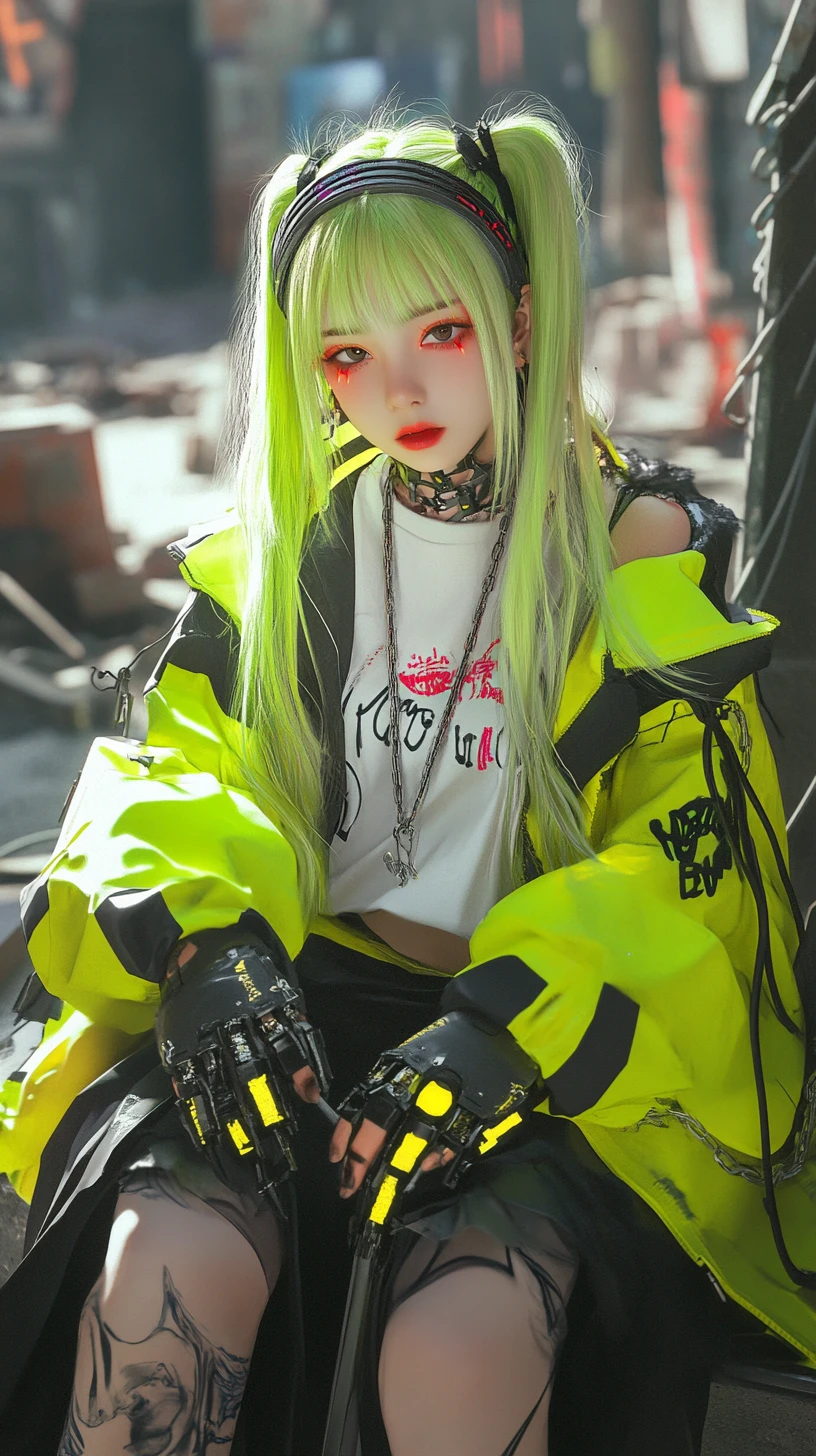 Fille d’anime se reposant sur un banc dans une ville en ruine