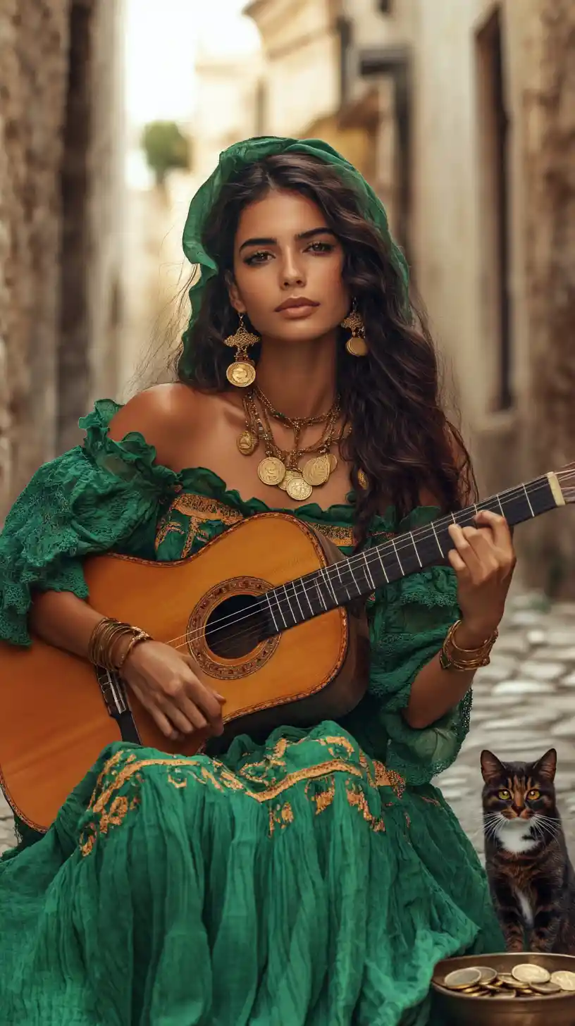 Donna in abito verde che suona la chitarra su una strada acciottolata