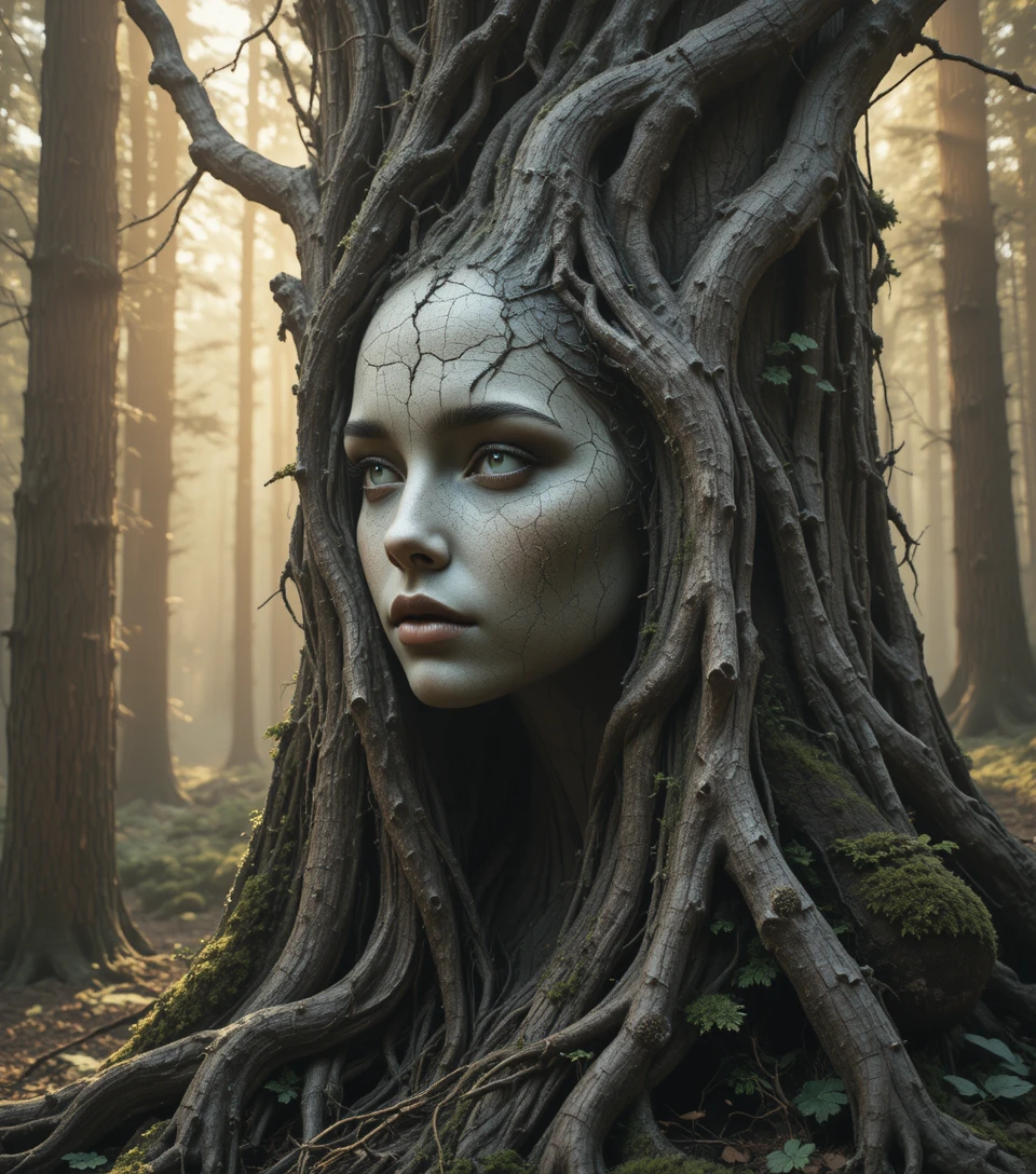 Surreal woman fused with ancient tree in misty forest