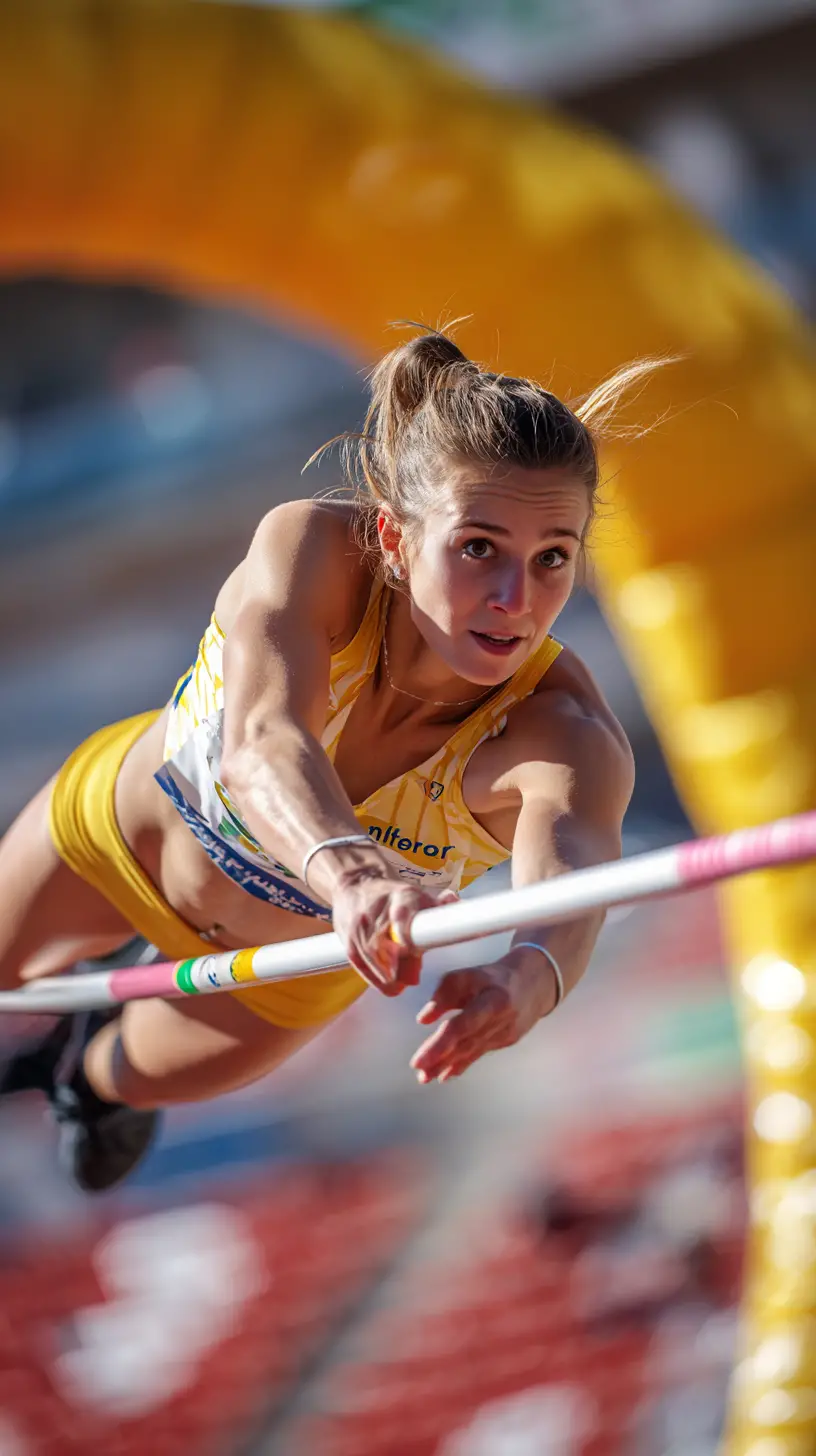 Female pole vaulter captured mid inversion in bright stadium