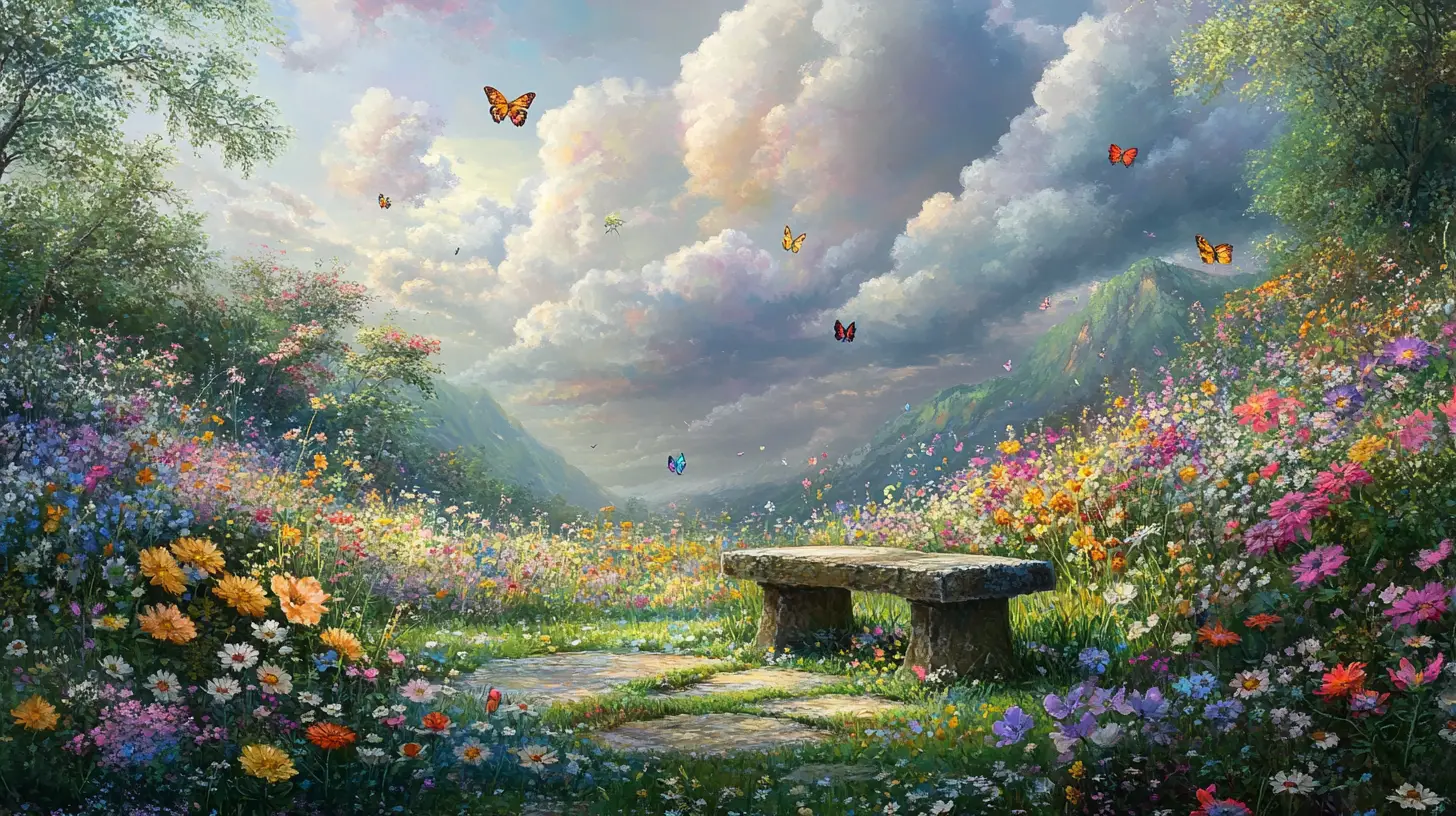 Wildflower field gently bowing toward a quiet stone bench