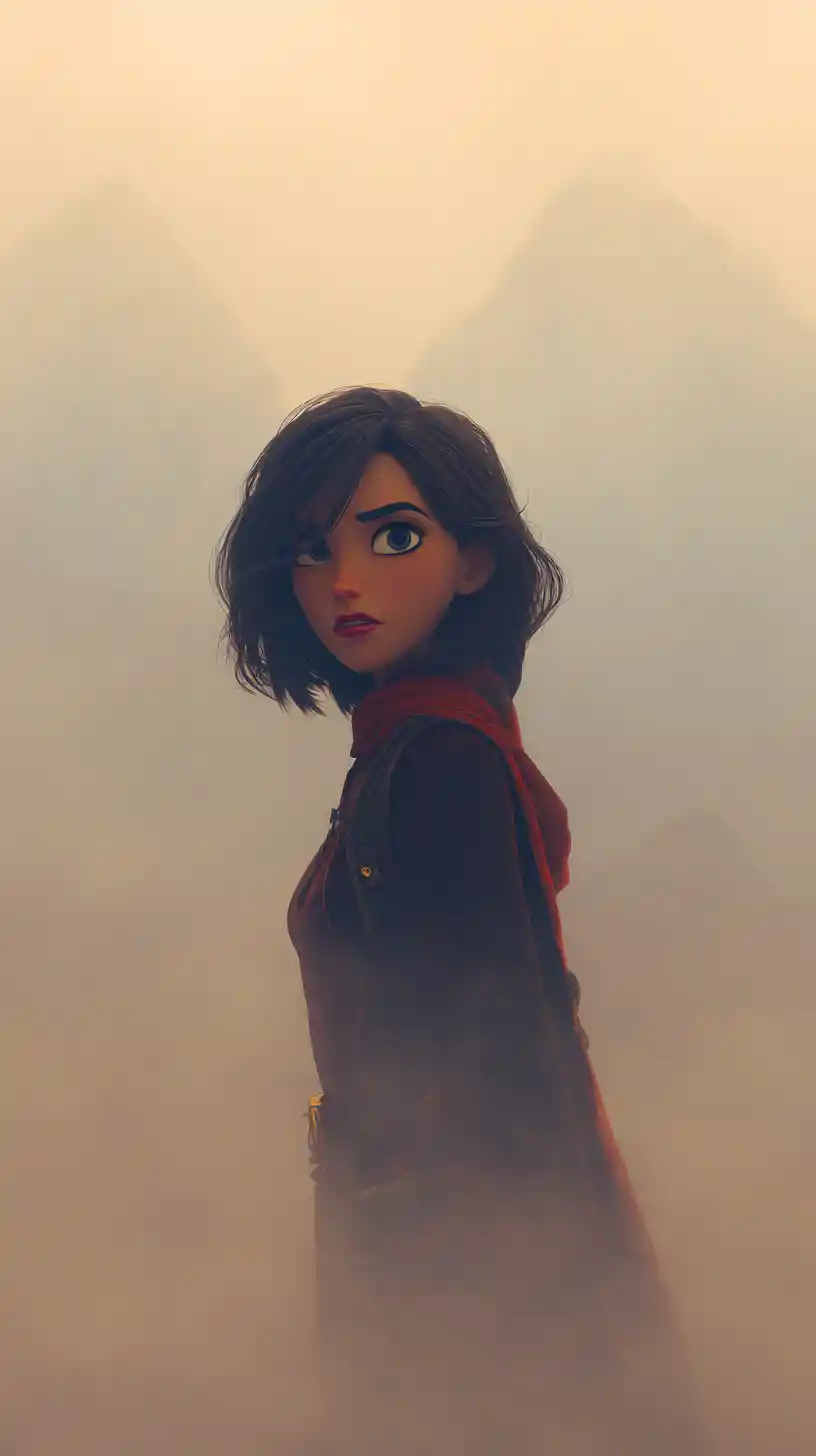 Mysterious woman standing in thick foggy majestic landscape