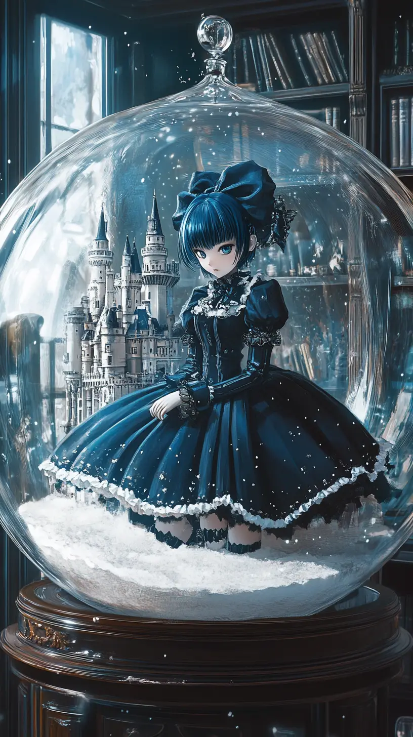 Anime girl with mechanical eyes in an elegant dark dress