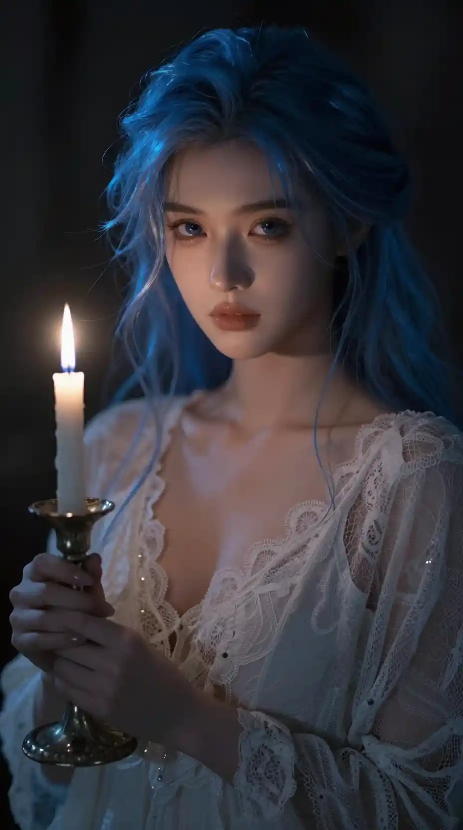 Blue haired girl holding a candle in dreamy portrait