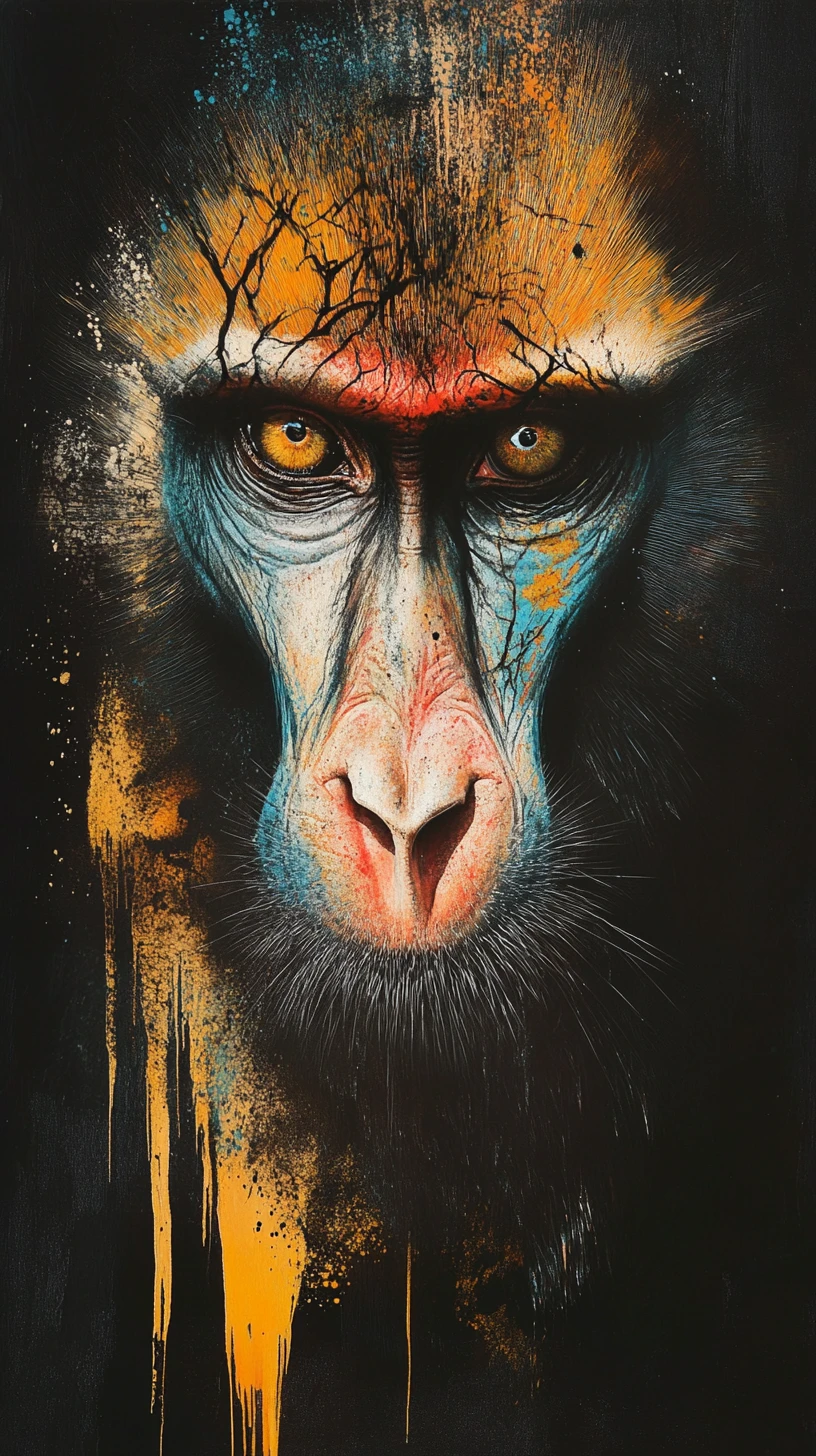 Mandrill face emerging from darkness with reflective eye
