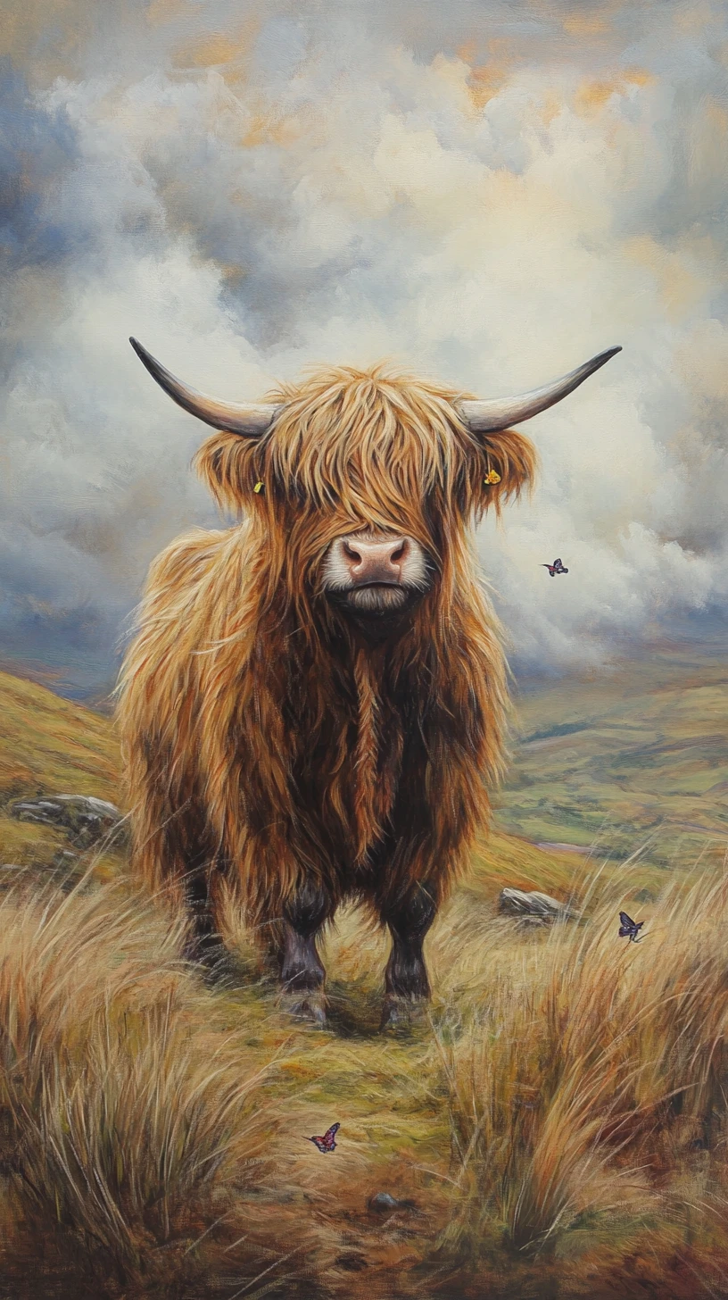 Shaggy highland cow in soft clouds on rolling hills
