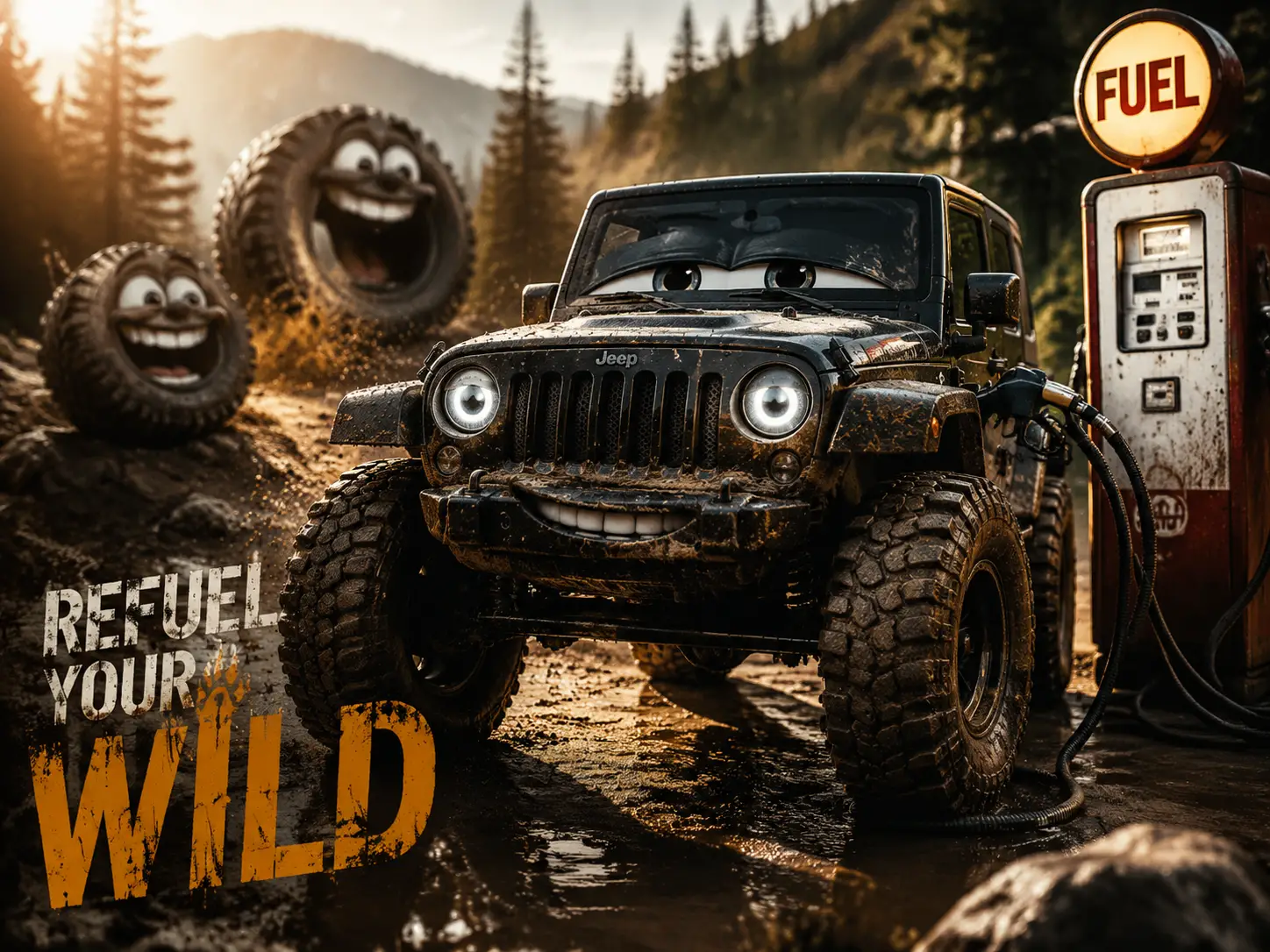 Jeep Wrangler anthropomorphe souriant à côté d’une pompe à essence
