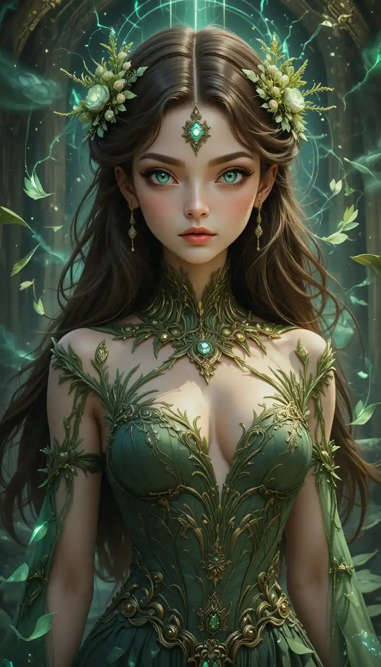 Fantasie-Mädchen mit smaragdgrünen Augen und lebendigem königlichen Kleid