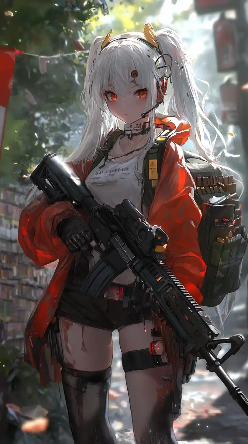 Anime girl holding worn assault rifle at night