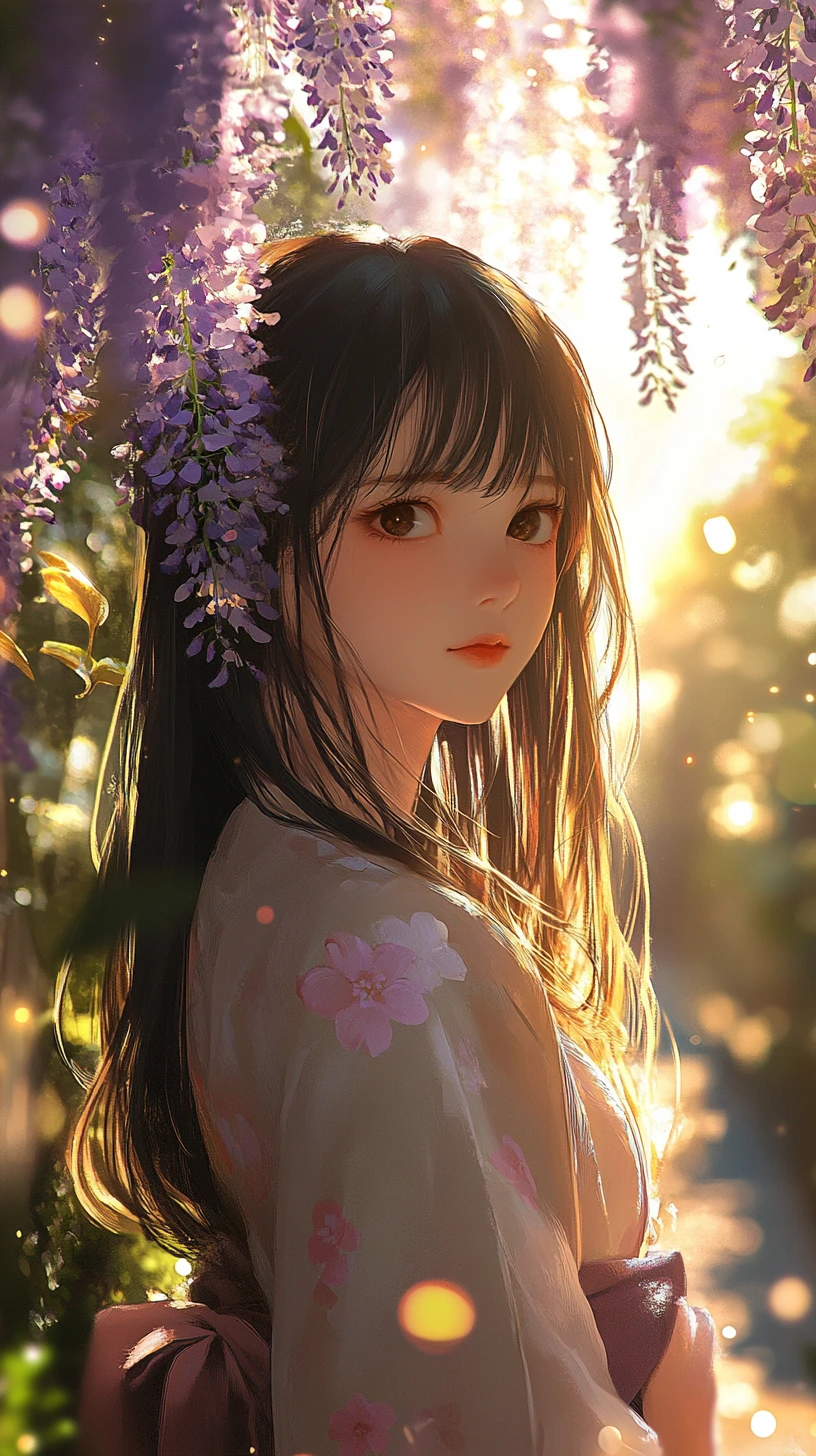Anime girl in kimono under glowing wisteria blossoms