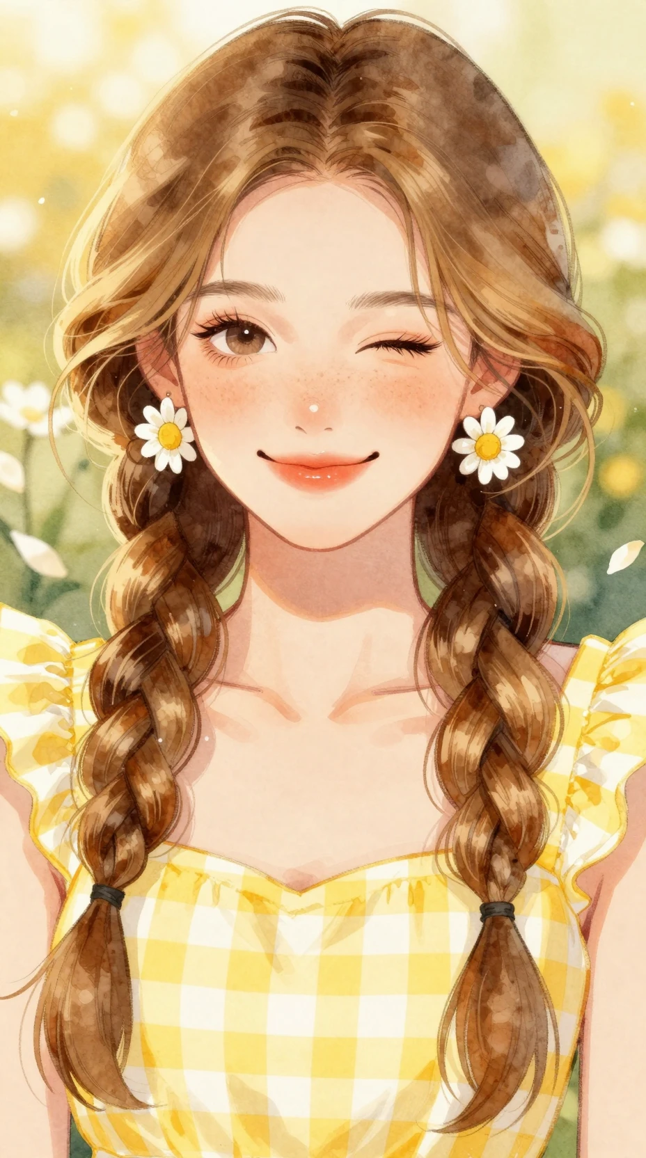 Watercolor fashion woman with freckles and braided ombre hair