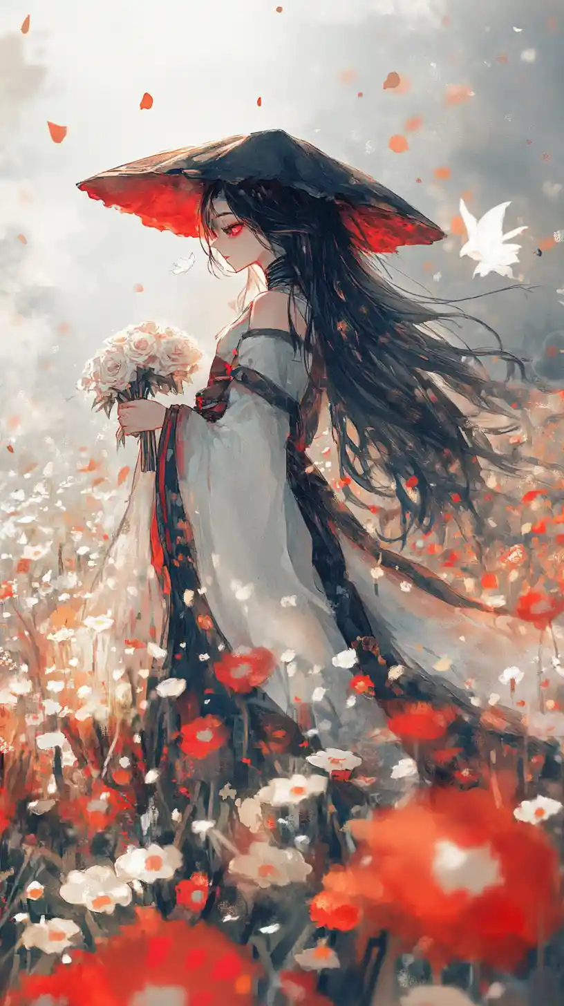 Anime girl walking with a cat through a flower meadow