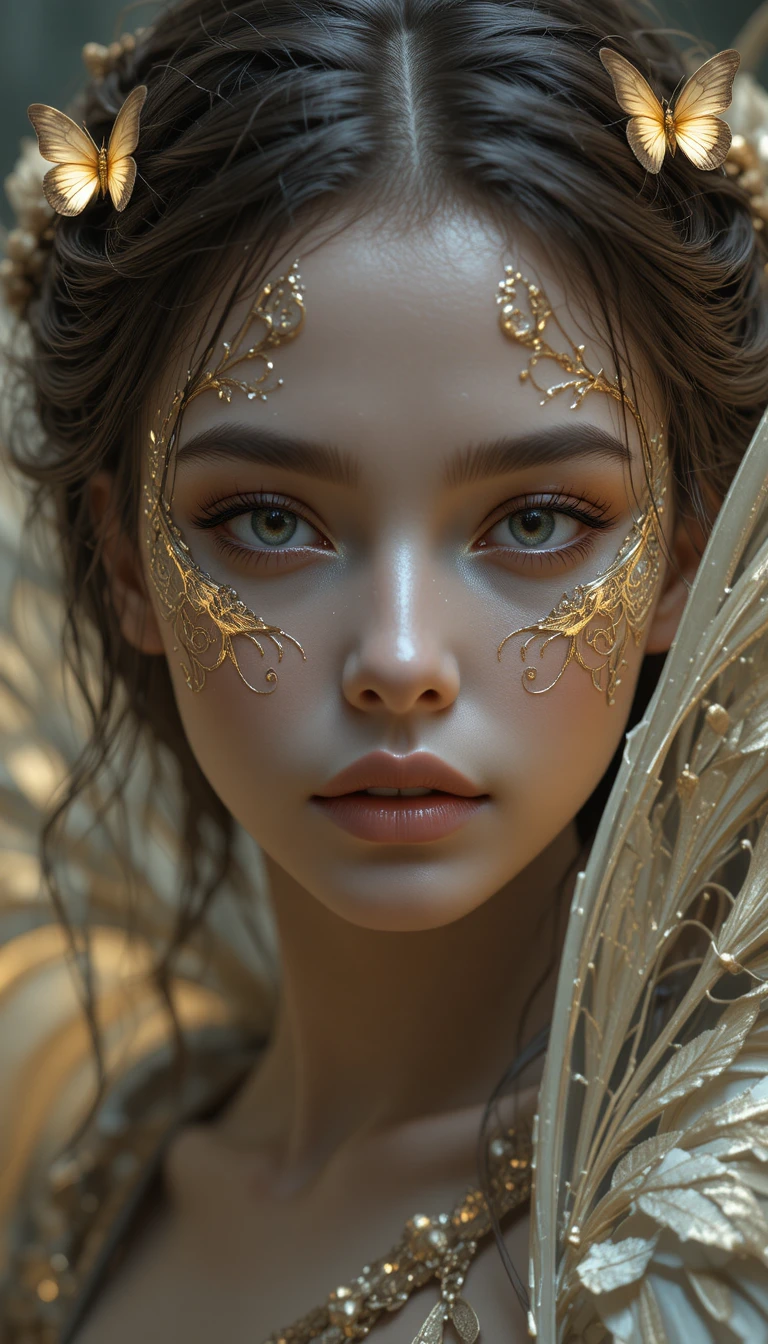 Serene angel close up with filigree skin and soft wings