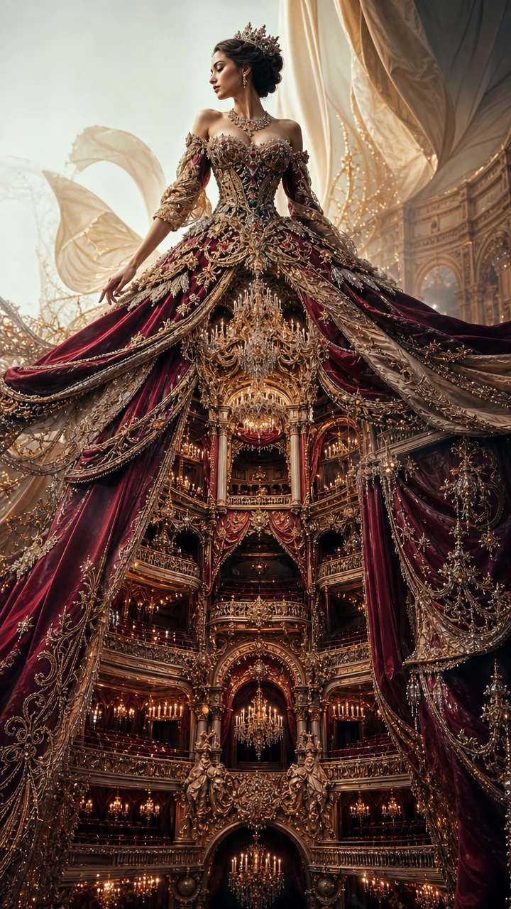 Surreal couture ball gown merging opera house architecture