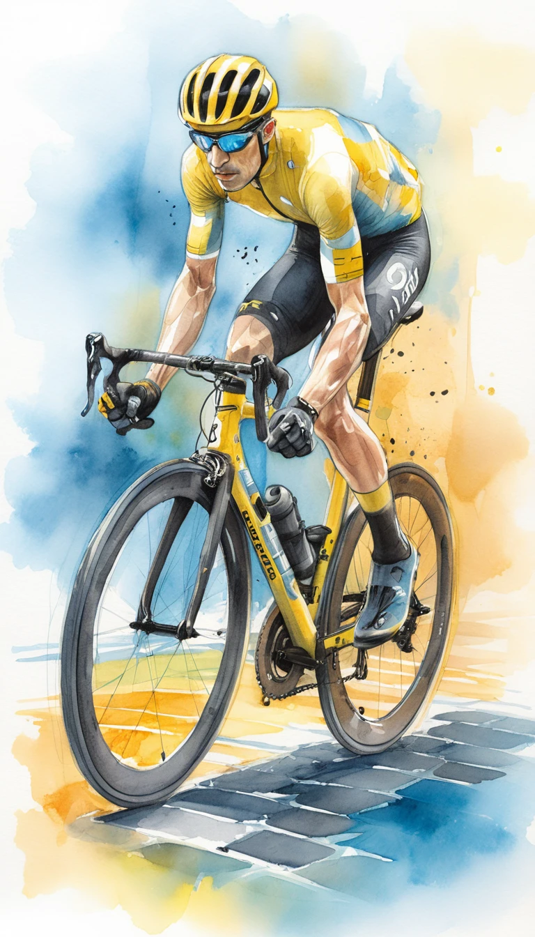 Watercolor profile of a professional cyclist on cobblestones
