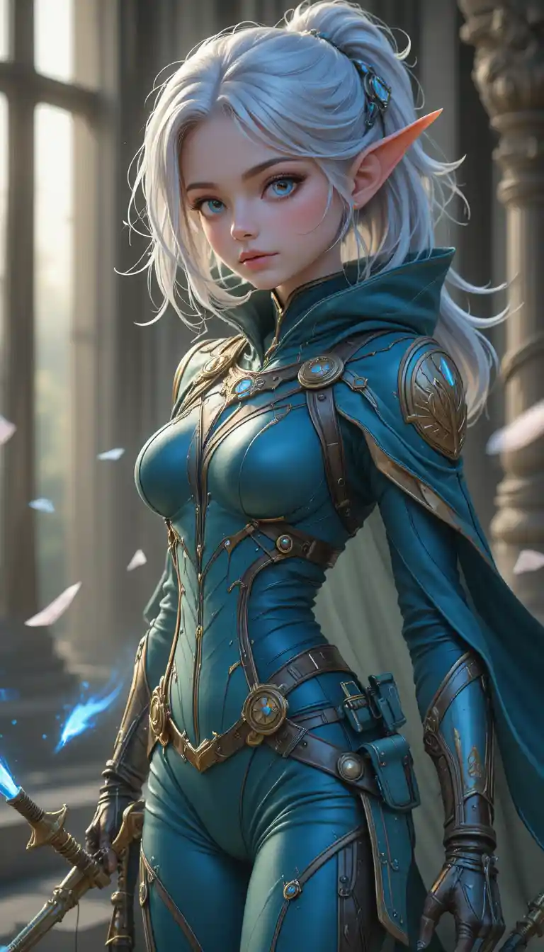 Fantasy anime archer girl with elven ears and glowing eyes