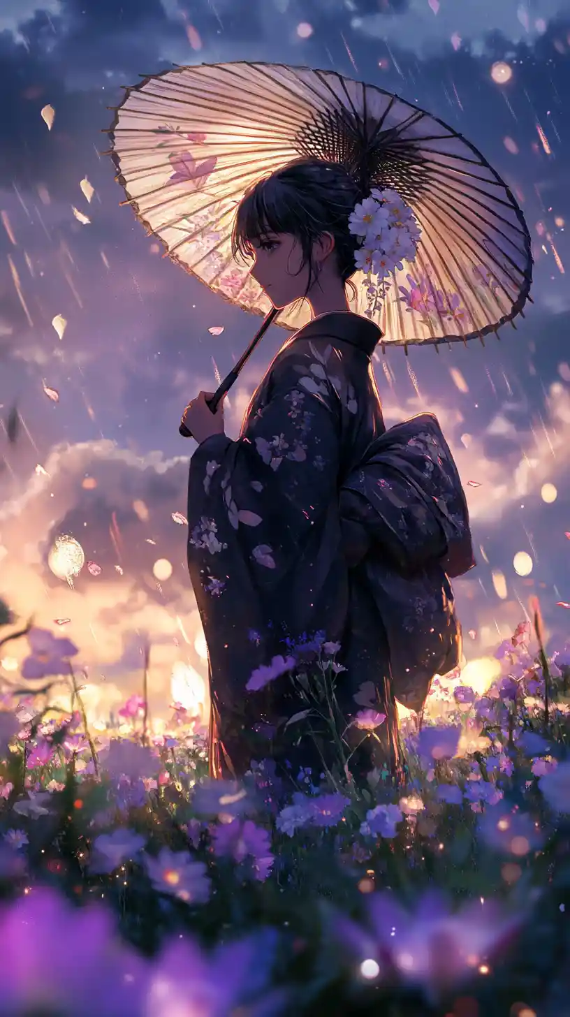 Girl in kimono with parasol in glowing flower field