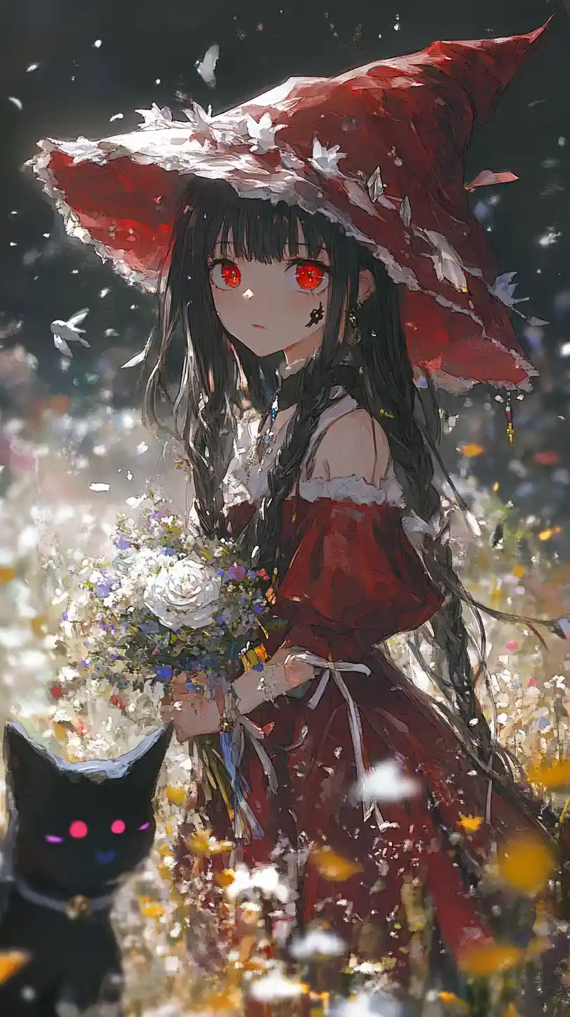 Anime girl walking with a cat through a flower meadow