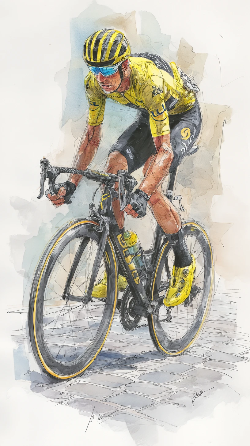 Professional cyclist in yellow racing on a modern road bike