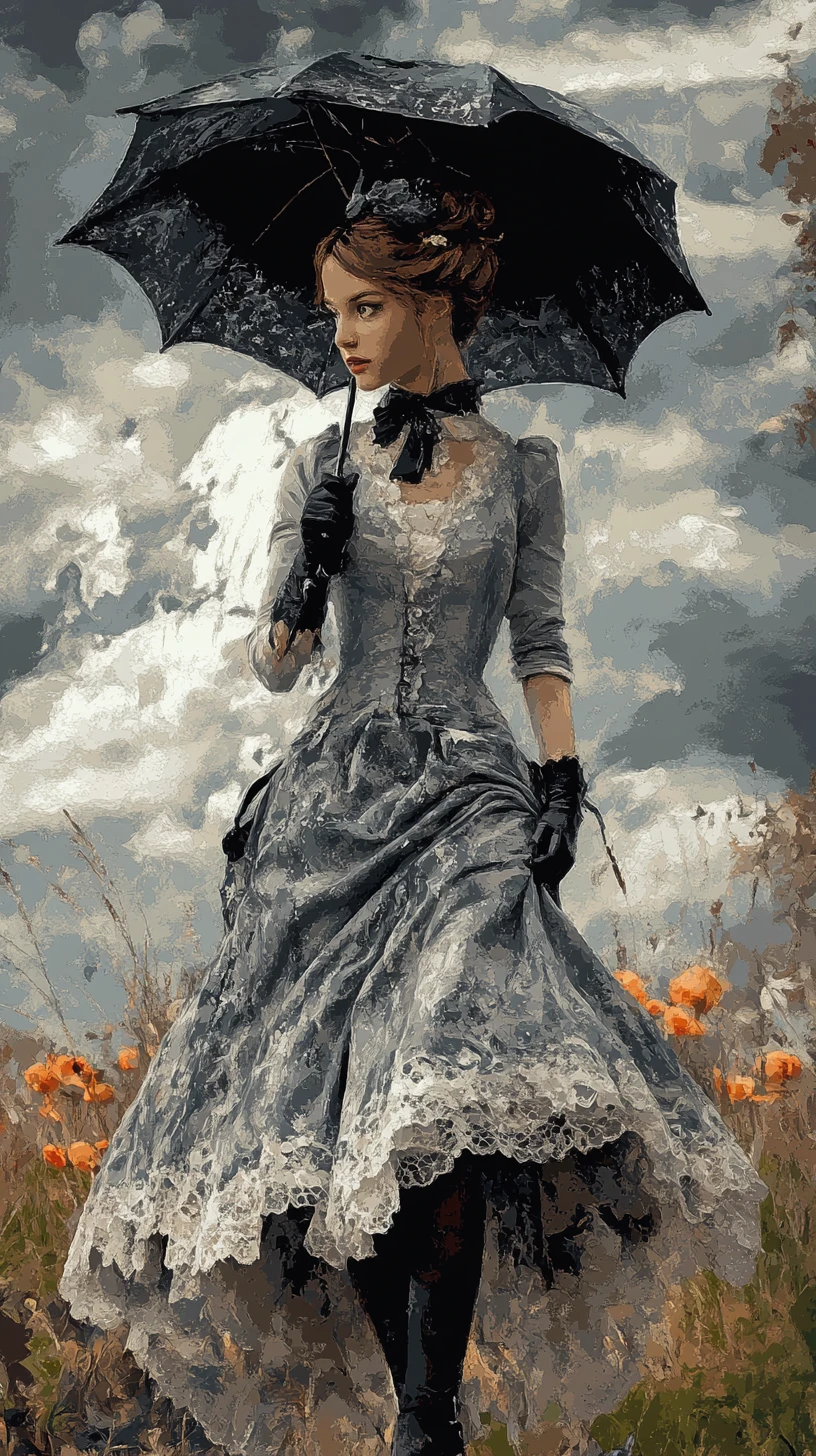 Anime girl with umbrella in a moonlit tulip garden
