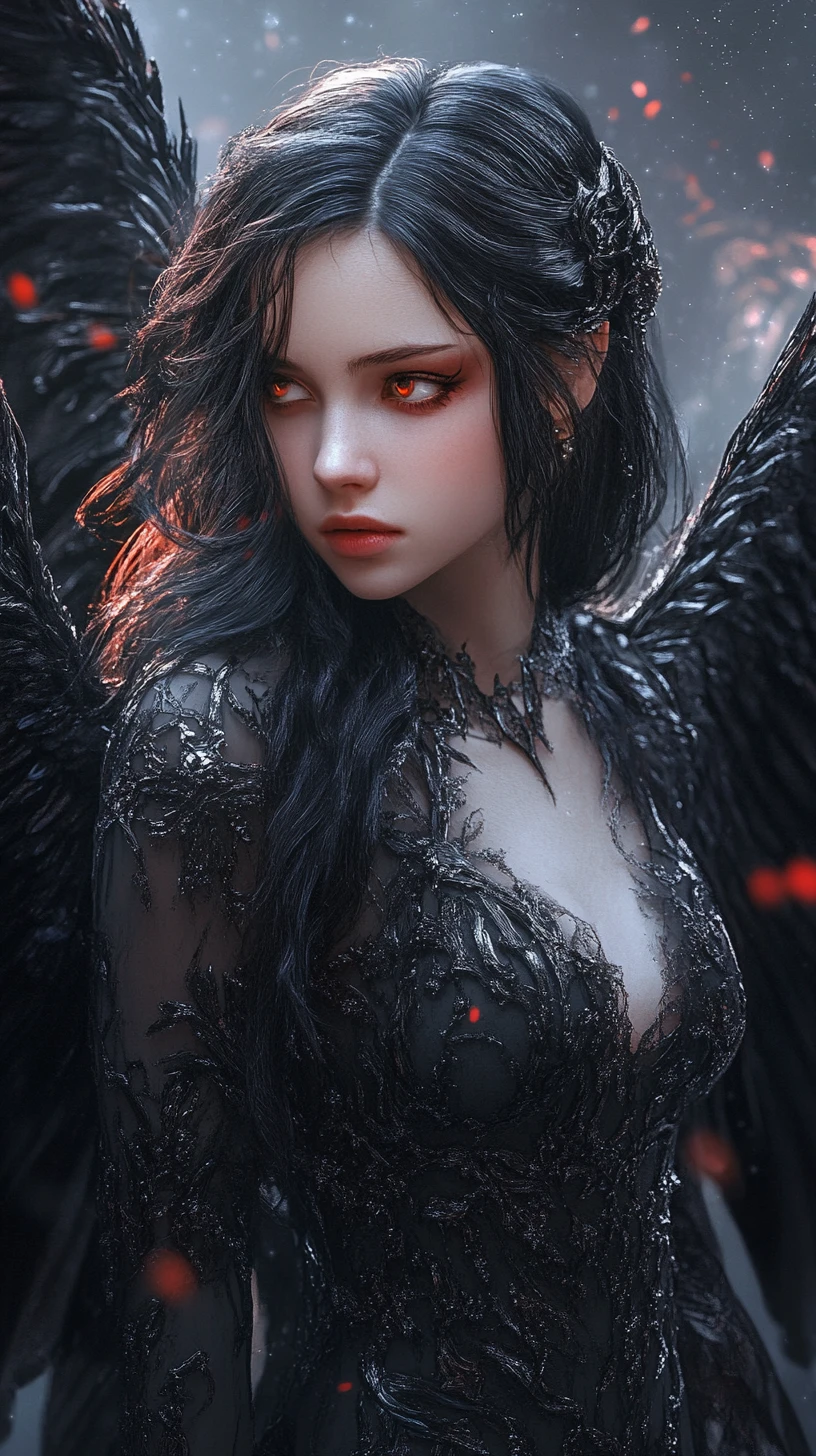 Melancholic fairy girl with dark wings in ethereal void