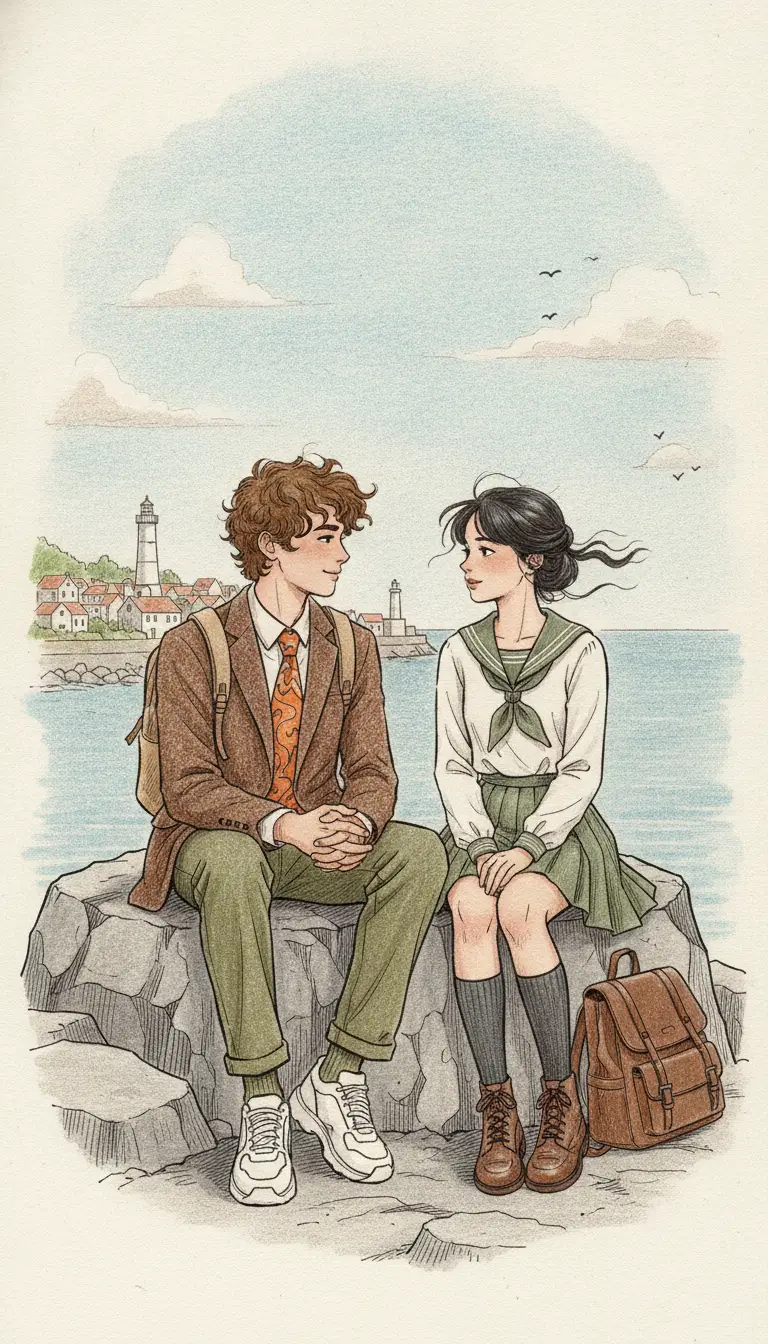 Teenage couple talking on seaside rocks in pencil illustration