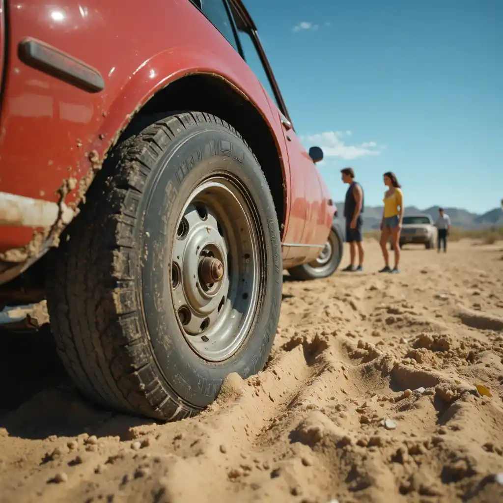 Primo piano della ruota di un'auto in panne nel caldo deserto