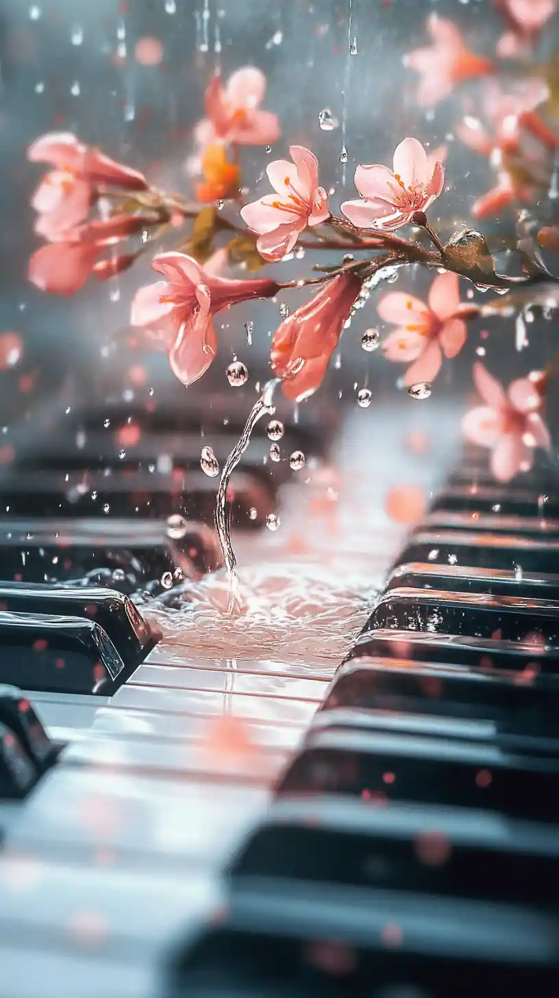 Rainy piano keys transforming into blooming musical flowers