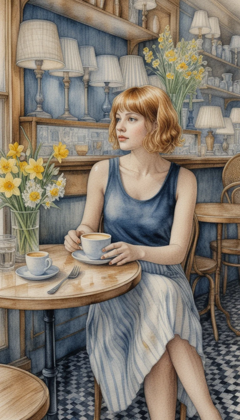 Young woman with coffee in a vintage cafe interior