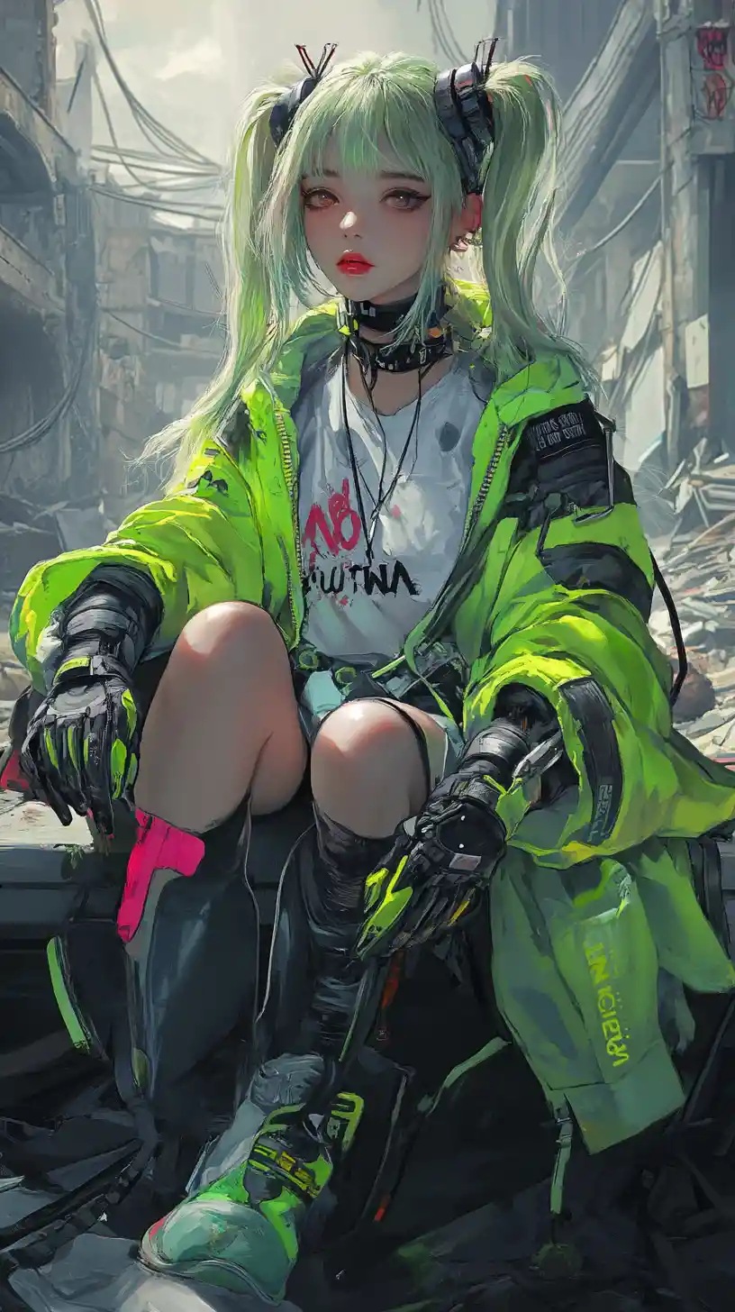 Fille d’anime sur un banc dans une ville futuriste en ruines