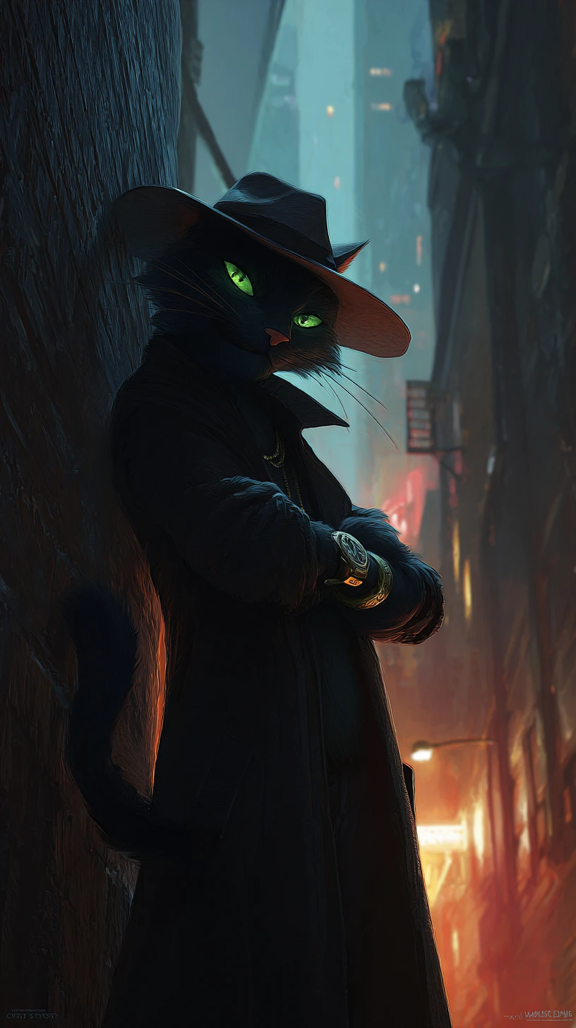 Gangster cat in fedora posing in dim city alley