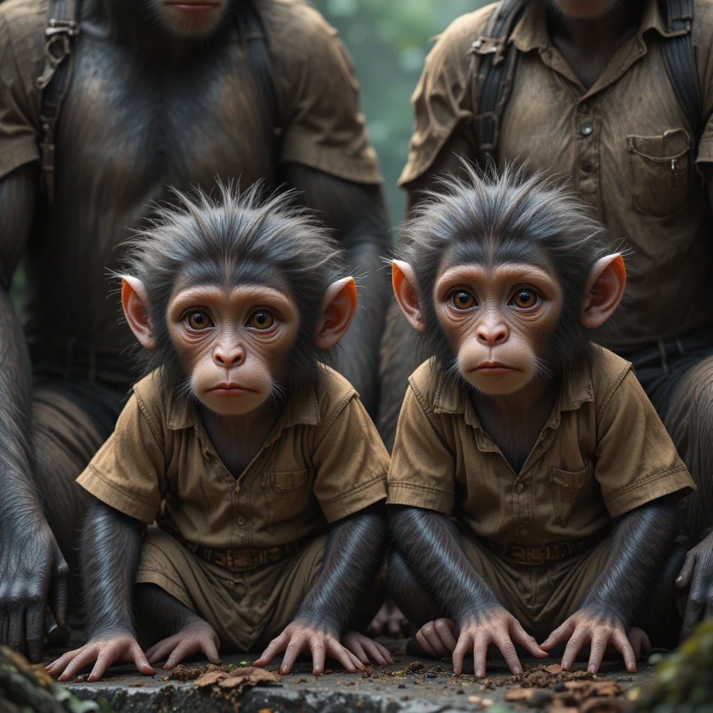 Sad monkey family sitting together in a jungle clearing