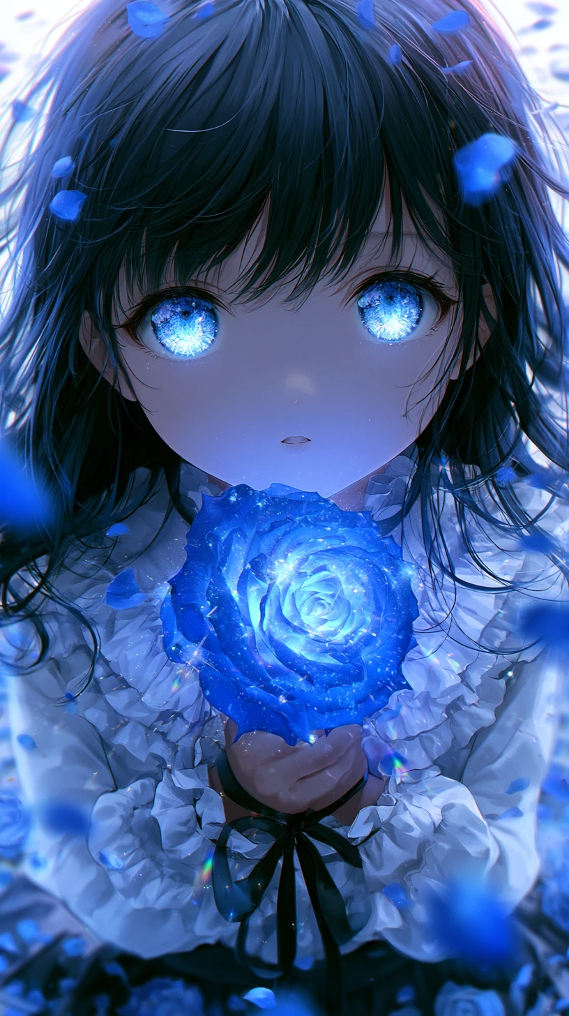Anime girl holding a glowing blue rose in petals