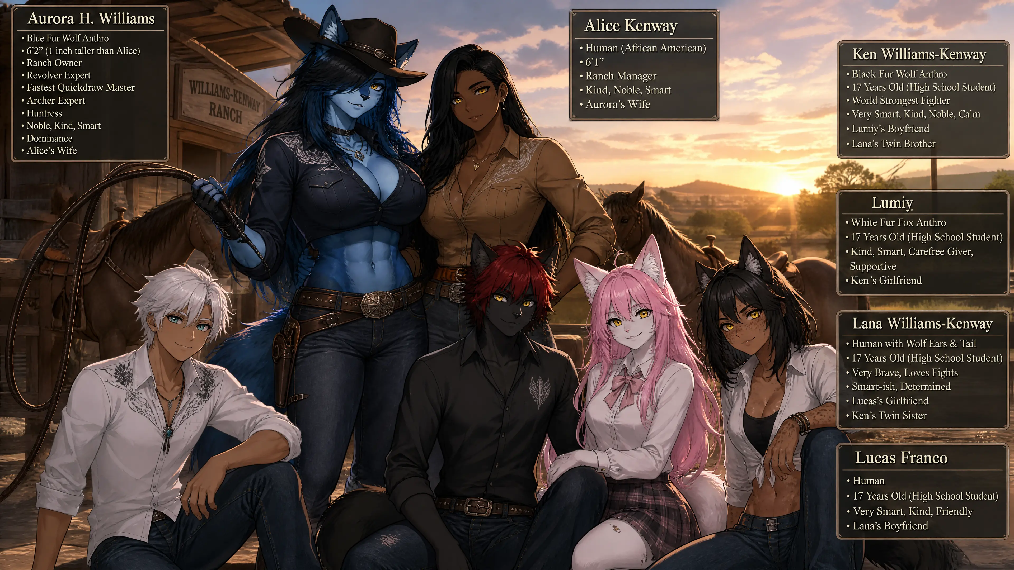 Blue fur wolf cowgirl with whip and revolver at ranch