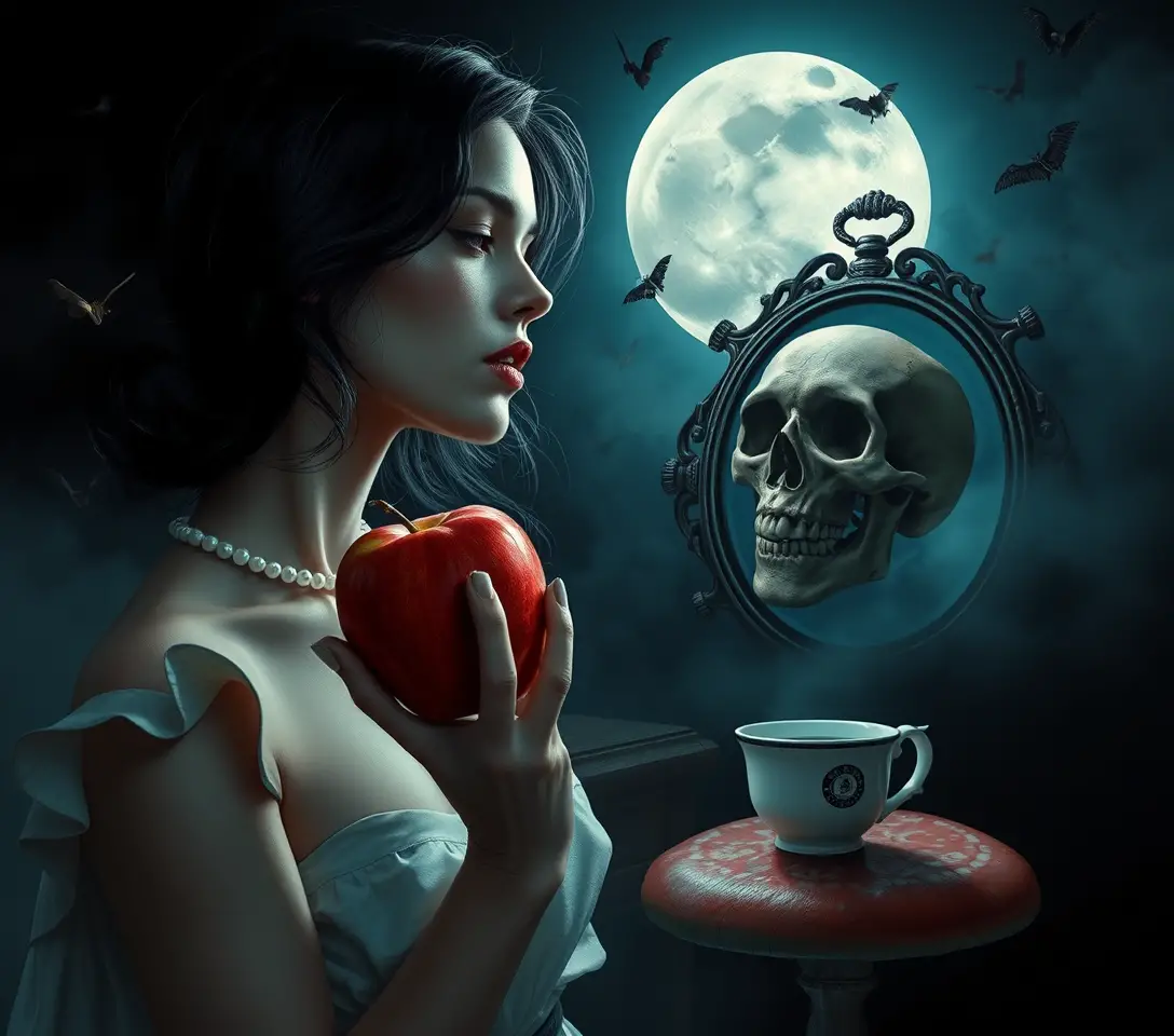 Woman under a secretive moon with an uncanny shadow