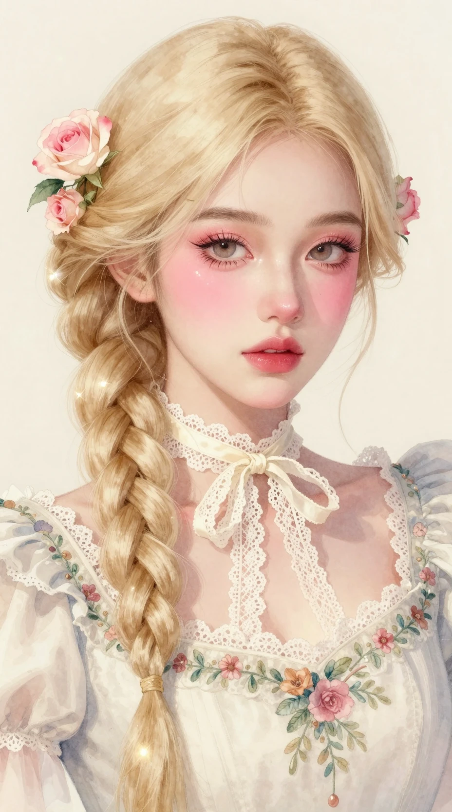 Watercolor portrait of a braided blonde girl with roses