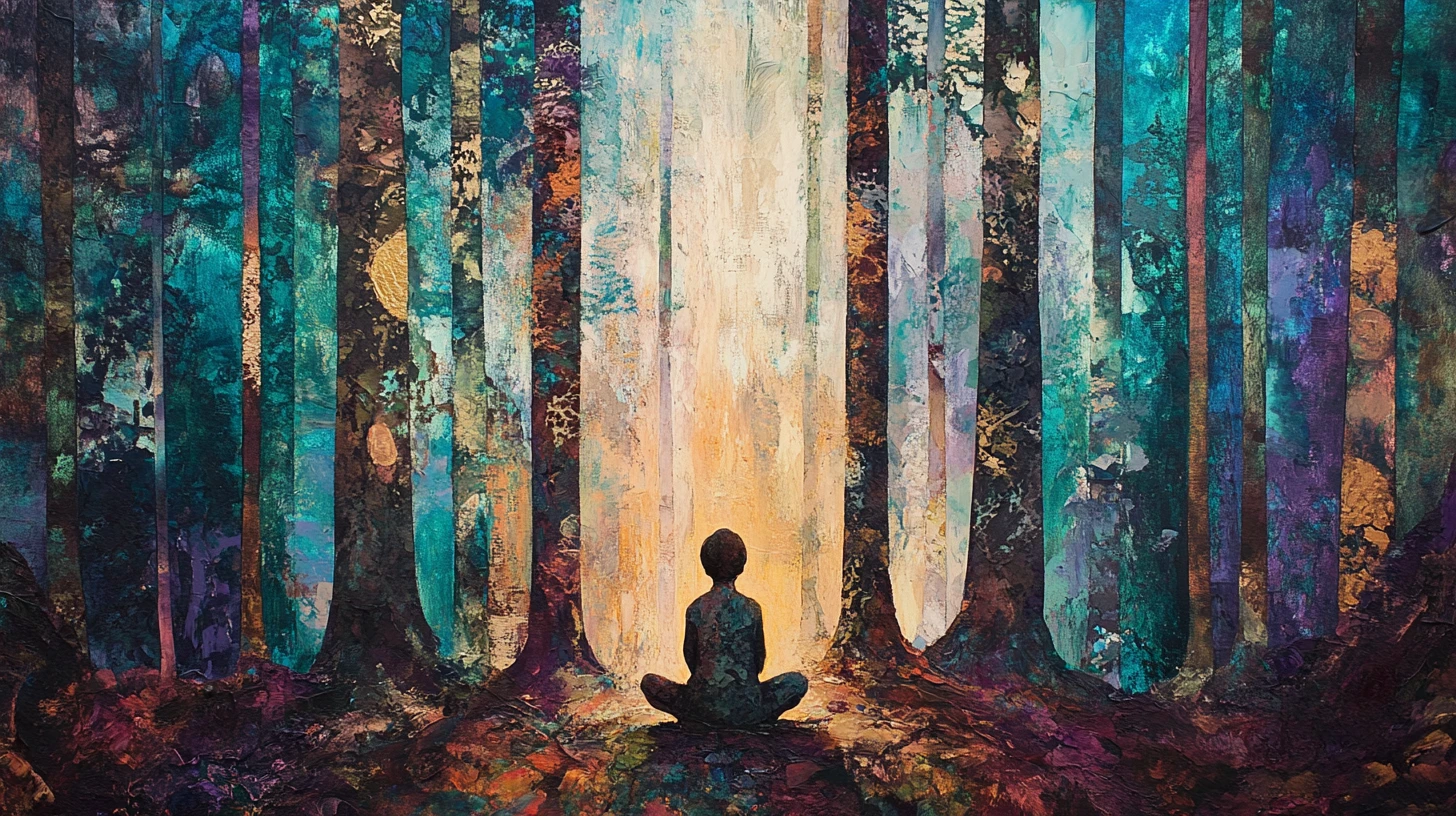 Tiny forest guardian beneath towering abstract cathedral trees