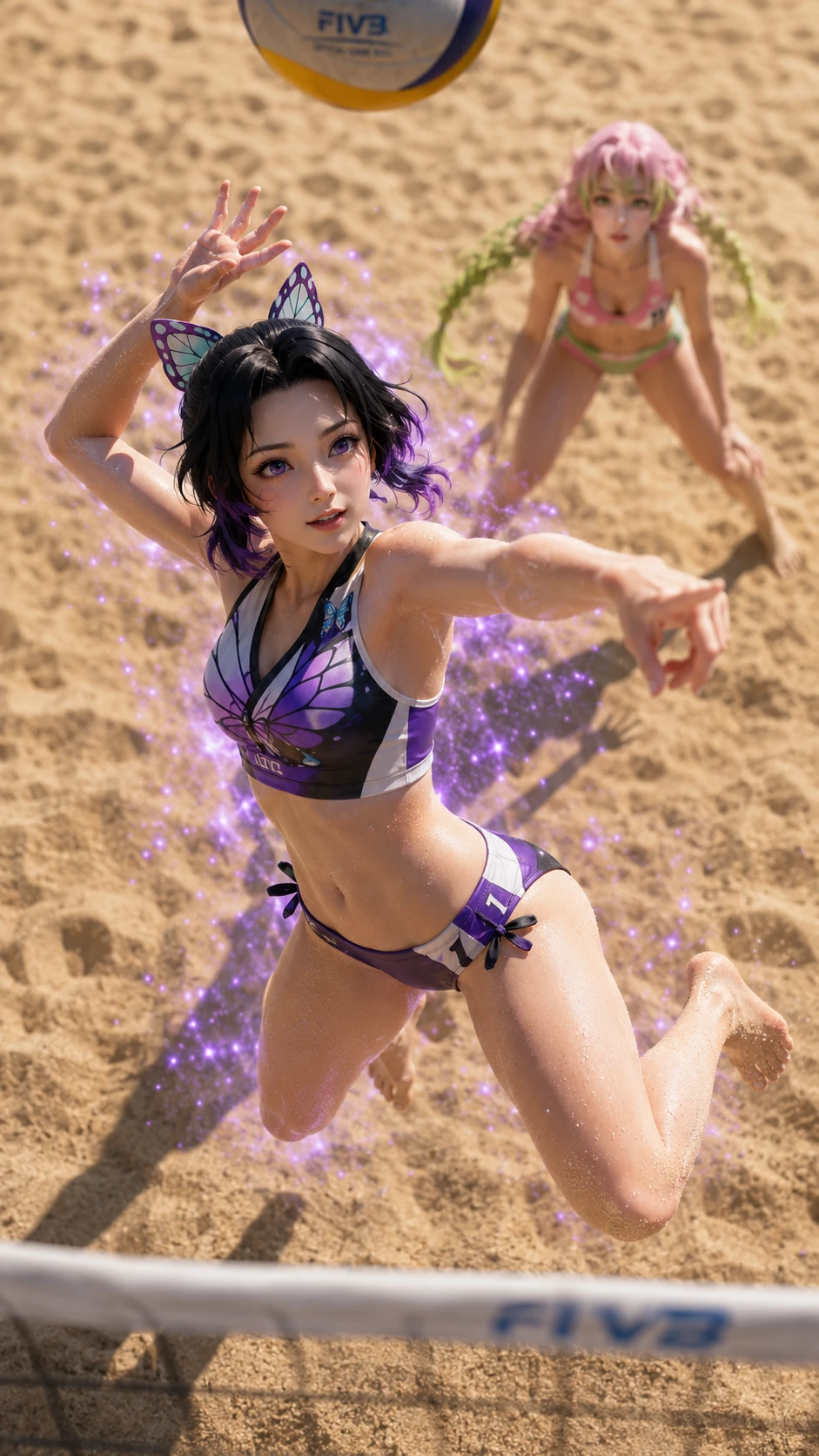 Anime beach volleyball spike from dramatic overhead angle