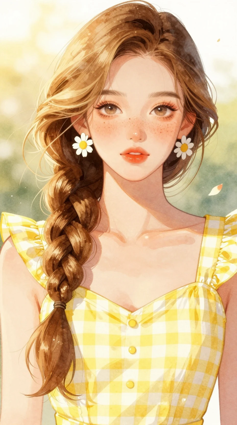 Cheerful girl with ombre braid in yellow summer dress