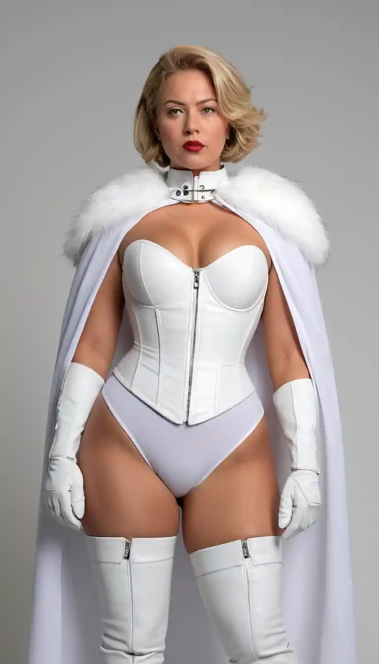 Low angle view of blonde woman in white fetish outfit