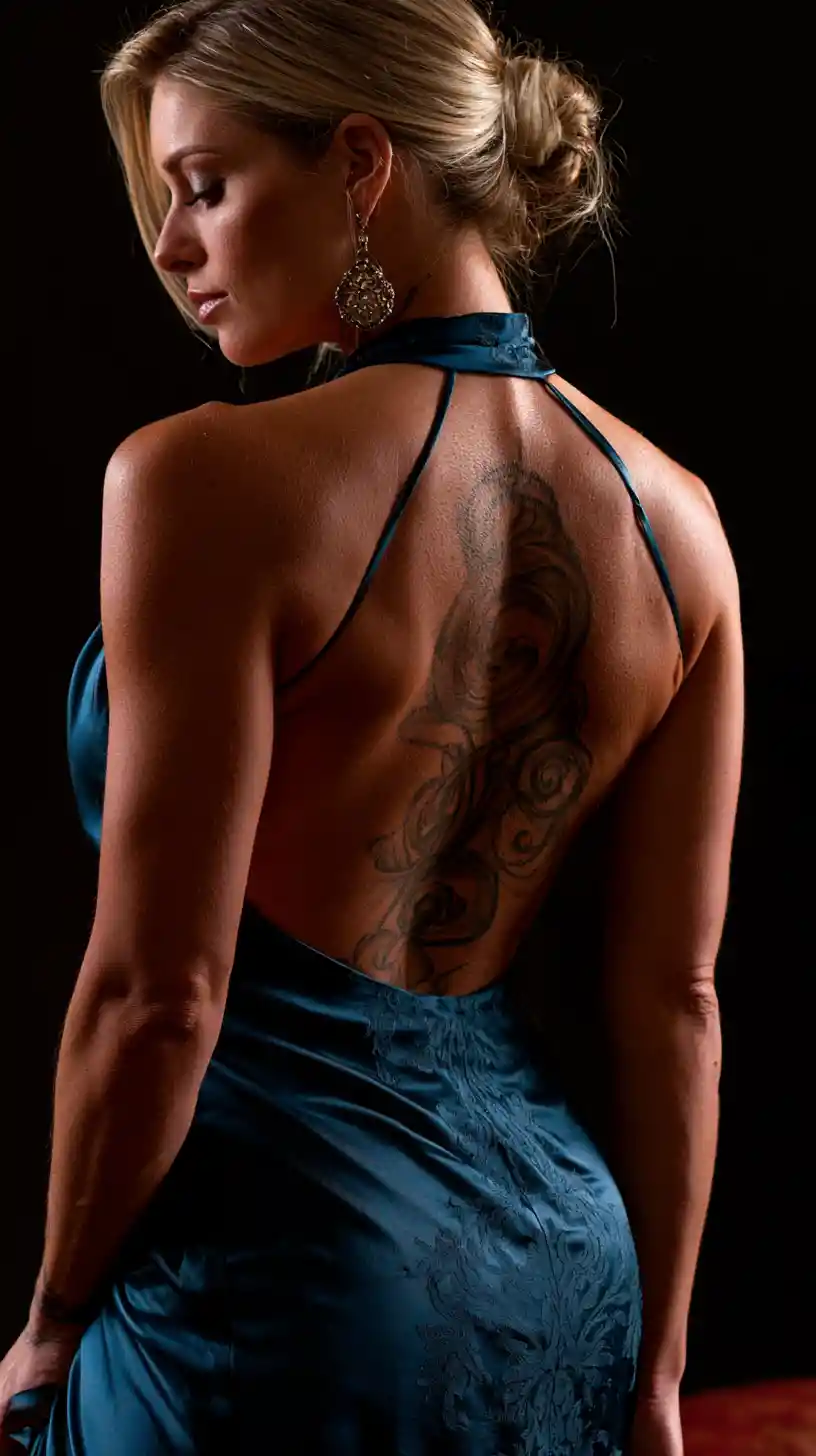 Elegant woman in backless evening gown with tattooed back
