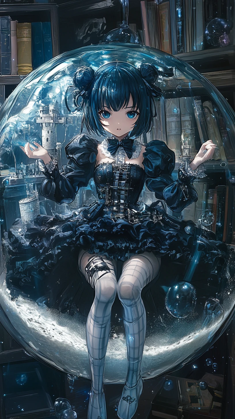 Anime girl with mechanical eyes in an elegant dark dress