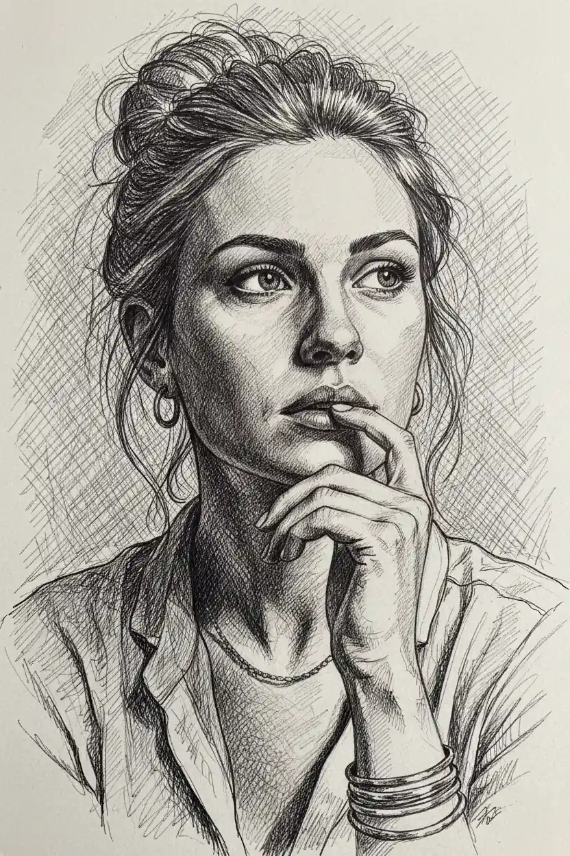 Pensive girl ink portrait with hand at her lips
