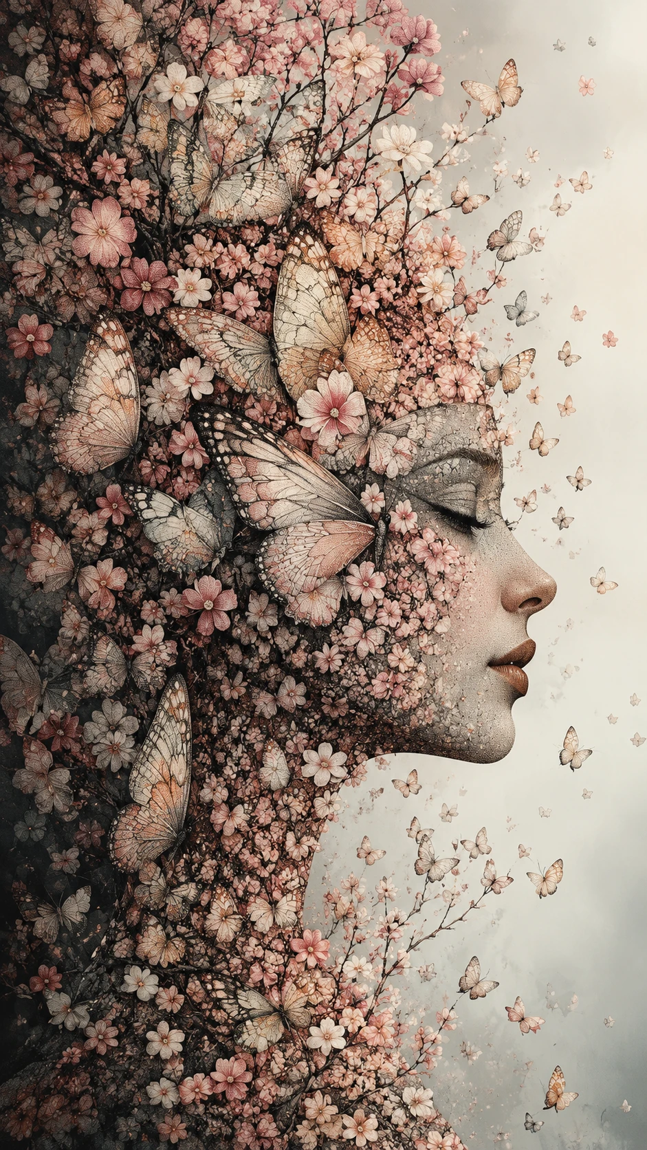Surreal branches transforming into butterfly wings in delicate pattern